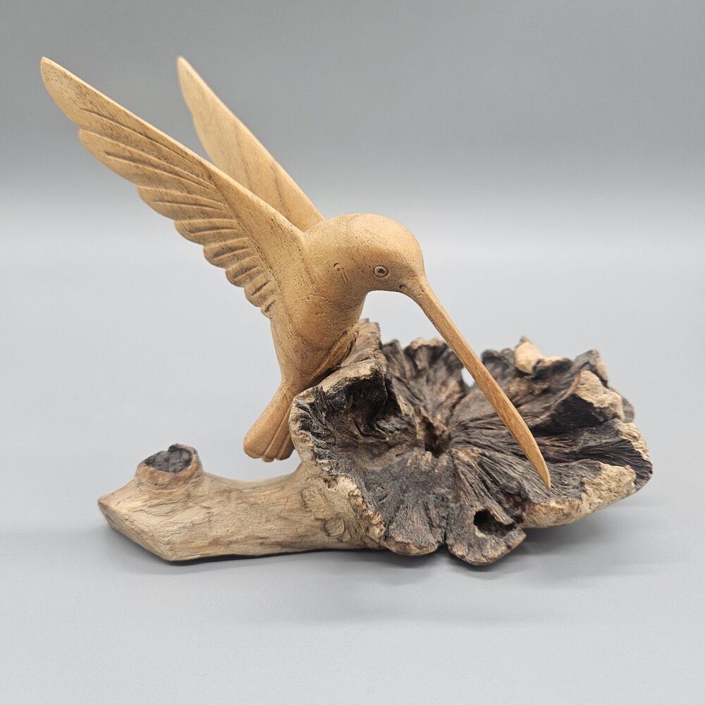 Hand Carved Burl Wood Folk Art Hummingbird Sculpture Figure Wooden Life Size 5"